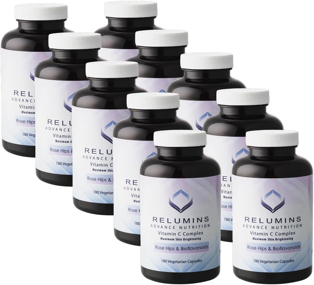 Relumins Advanced Vitamin C Supplement with Rose HIPS – 1000mg of Vitamin C, Immune Support & Collagen Production, Made in USA - 180 Capsules x 10 Bottles