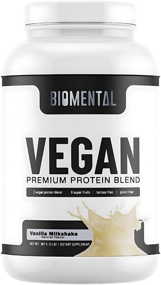 Biomental Vegan Protein Powder - Vanilla - Gluten-Free - Non-GMO - Plant-Based Protein - Supports Weight Loss & Muscle Growth - Enhanced Absorption - Perfect for Men & Women - 2 lbs