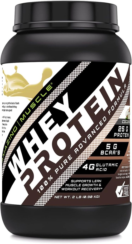 Amazing Muscle Whey Protein Isolate & Concentrate Supplement | Coconut Flavor | 25 G | 2 Lb (0.90 Kg) | Non-GMO | Gluten-Free | Made in USA