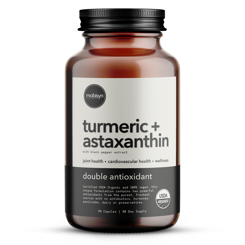 Organic Astaxanthin 12mg Plus Turmeric 1500mg, Black Pepper Extract, High Absorption, Eye, Heart, Skin, Joint, Vegan, Gluten-Free, Non-GMO, Double Antioxidant, Turmeric Curcumin Supplement, 30-Days