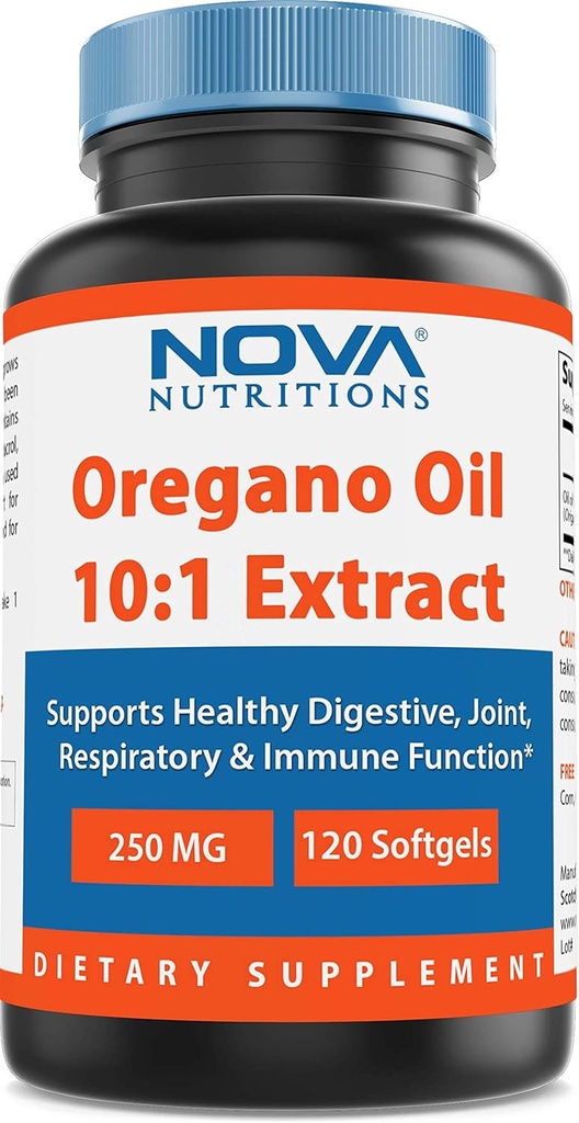Nova Nutritions Oregano Oil 250 mg 10:1 Extract - Non-GMO & Gluten Free - Oil of Oregano Pills - Immune Support - 120 Softgels