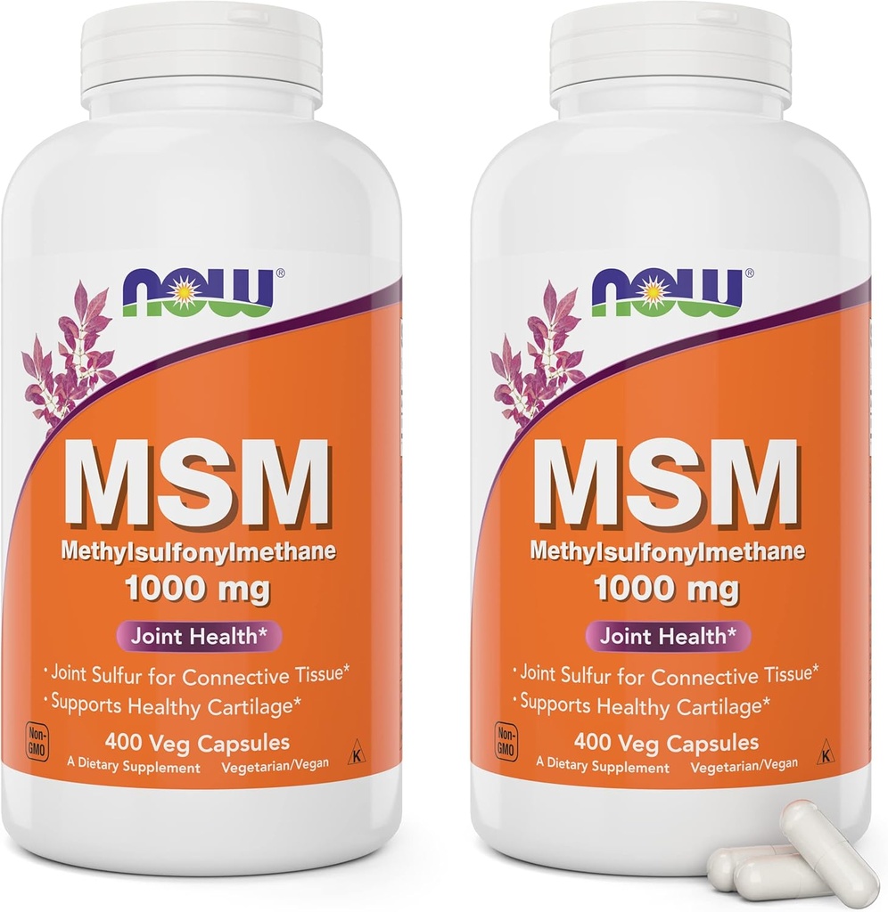 Now MSM 1000mg, 400 Veg Capsules (Pack of 2) Methyl-Sulphonyl-Methane, Made in USA, Sulfur Supplement, Non-GMO, Vegan/Vegetarian Friendly