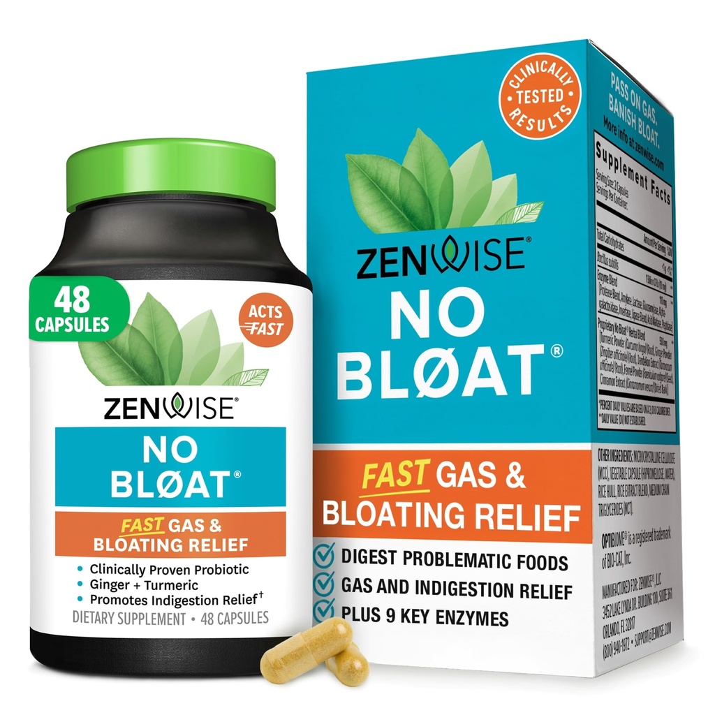 Zenwise Health No Bloat Digestive Enzymes for Gut Health, Gas & Bloating Relief - Multi Enzymes Digestion Supplement with Probiotics, Ginger, Turmeric Dandelion & Lactase - Men & Women - 48 Count