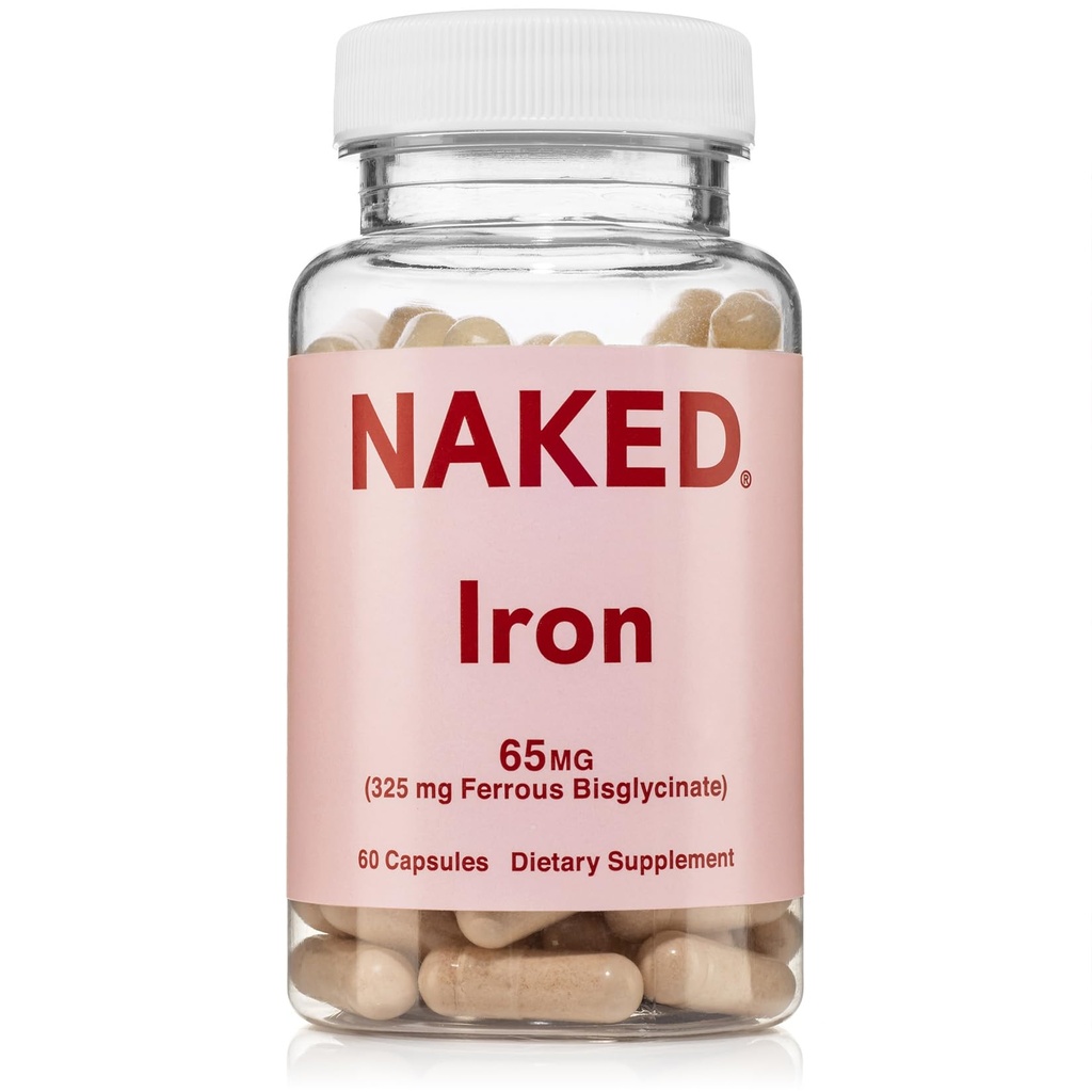 Naked Iron 65mg, 325mg Ferrous Bisglycinate - High Potency Iron Supplement for Iron Deficiency, Cellular Energy Support, Promotes Healthy Red Blood Cell Production, Non-GMO, Gluten-Free, 60 Capsules