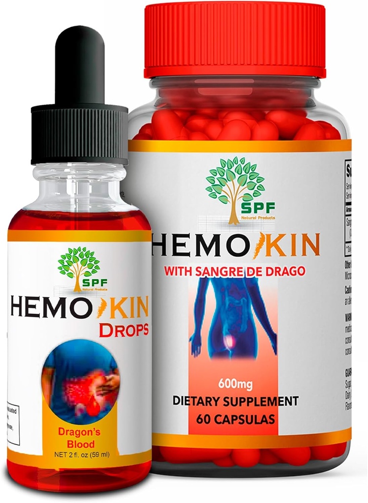 HEMOKIN Capsules & SPF HEMOKIN Drops with Sangre de Drago | Hemorrhoid, Fissure & Wound Relief | Reduces Itching, Swelling, Pain | Digestive Health & Healing Support | 60 Caps + 2 Oz