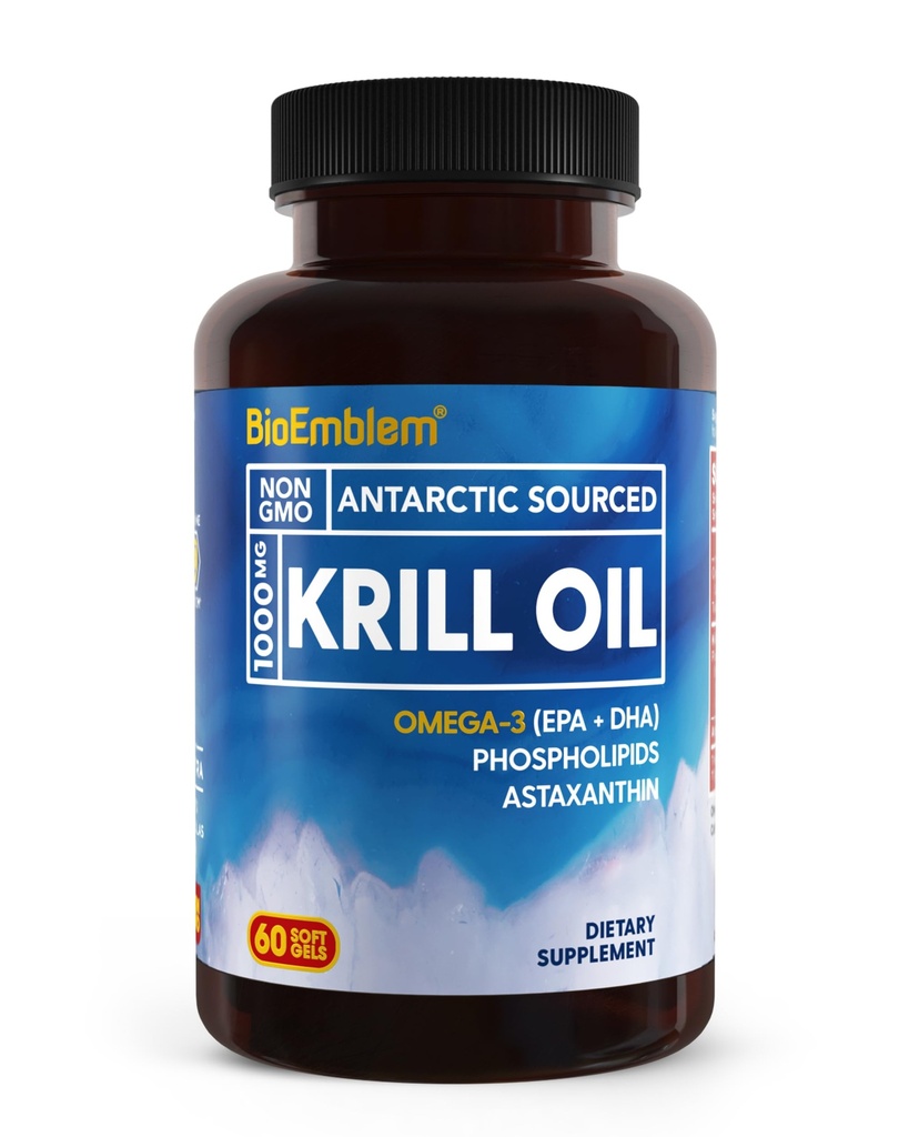 BioEmblem Antarctic Krill Oil Supplement | 1000mg | Omega-3 Oil with High Levels of EPA + DHA, Astaxanthin, and Phospholipids | No Fishy Aftertaste | 60-Count Non-GMO Softgels
