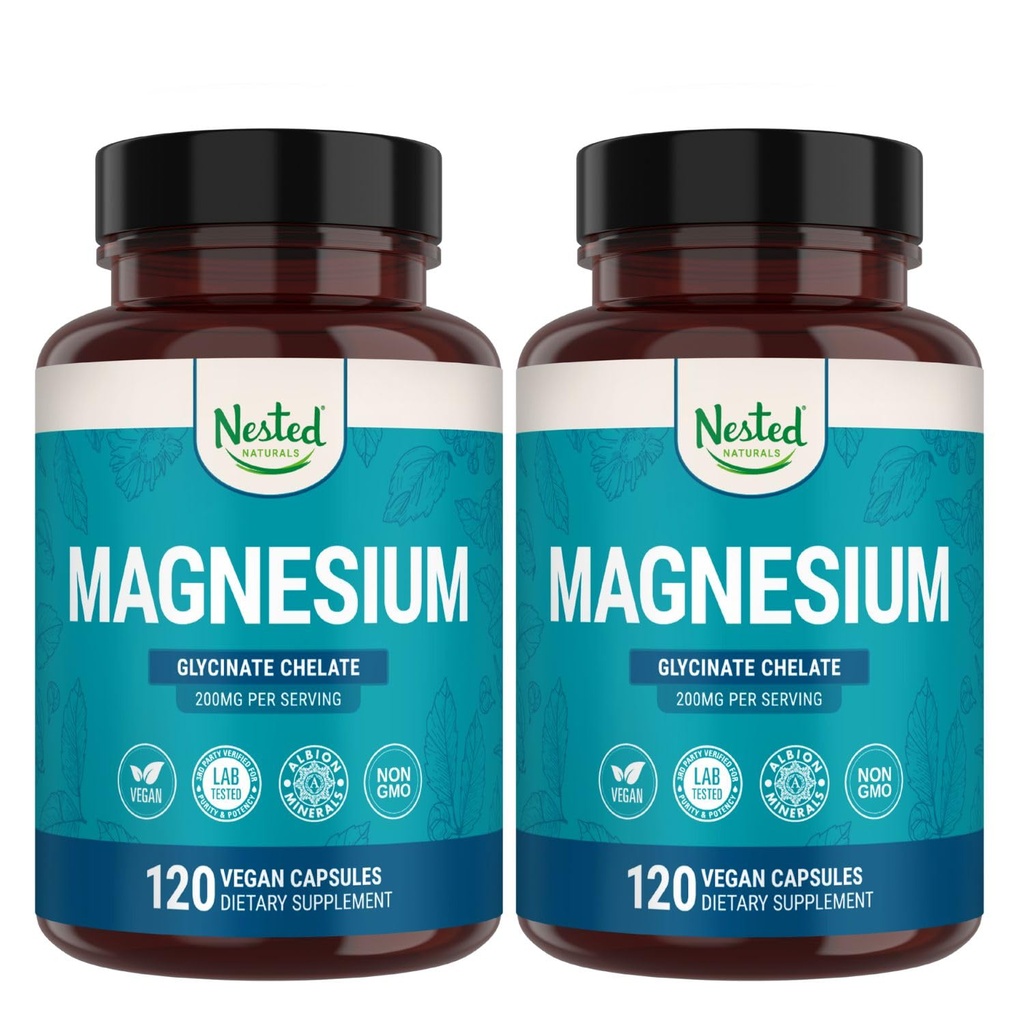 Nested Naturals Magnesium Glycinate Chelate - 200mg Chelated Magnesium Supplement for Muscle Cramps, Relaxation, & Sleep Support - 100% Albion TRACCS Buffered Magnesium Glycinate - 240 Vegan Capsules