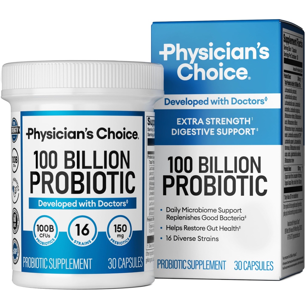 Physician's CHOICE 100 Billion Advanced Probiotic - 16 Strains + Organic Prebiotics - Digestive & Gut Health - Supports Occasional Constipation, Diarrhea, Gas & Bloating - Probiotics for Women & Men