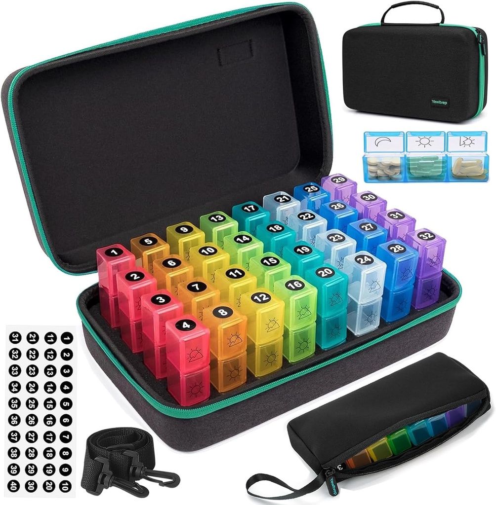 Monthly Pill Organizer 3 Times a Day, 31 Day Pill Organizer 3 Times a Day, Month Medicine Organizer Box, Medicine Pill Boxes with 32 Daily Compartments & Portable 7-Day Travel Medicine Organizing Bag