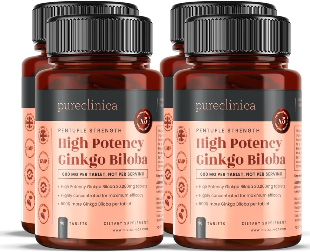 pureclinica High Potency Ginkgo Biloba 30,000mg x 360 Tablets (4 Bottles of 90) - 12 Months Supply - 5 Times The Strength of Competitor Products