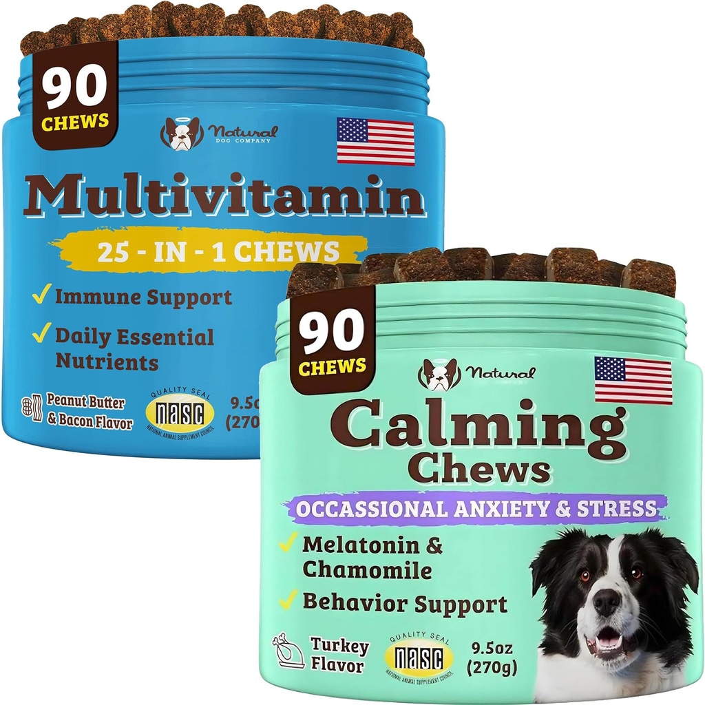 Natural Dog Company Multivitamin and Calming Supplement Bundle, Daily Nutrients and Anxiety Relief for Dogs, Support Joint Health, Skin & Coat, Reduce Stress from Noise & Travel, Essential Vitamins