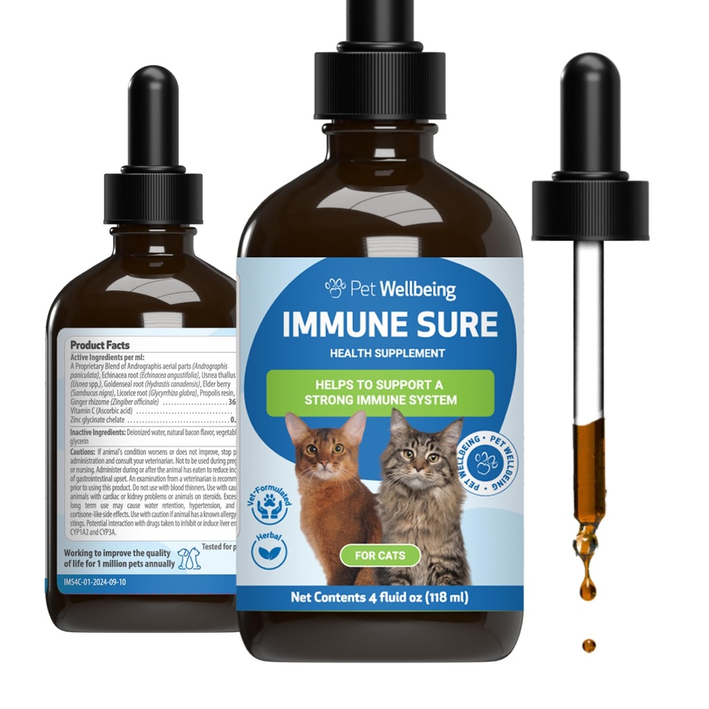 Pet Wellbeing Immune Sure for Cats - Supports Normal Immune Defenses, Gut Flora Balance, Andrographis, Echinacea, Vitamin C, Zinc - Veterinarian-Formulated Herbal Supplement 4 oz (118 ml)