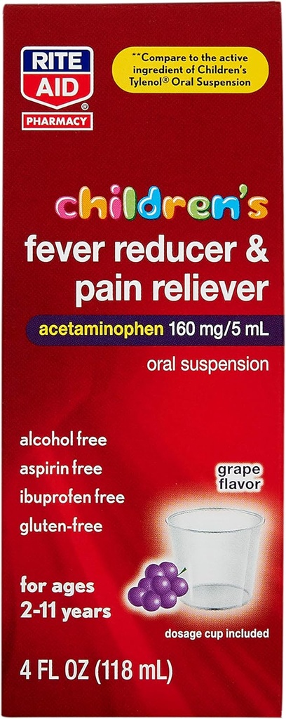 Rite Aid Children's Acetaminophen, Grape Flavor, 160 mg - 4 fl oz | Pain Reliever and Fever Reducer | Kids Cold Medicine | for Ages 2-11 Years Old | Childrens Fever Reducer | Kids Pain Reliever