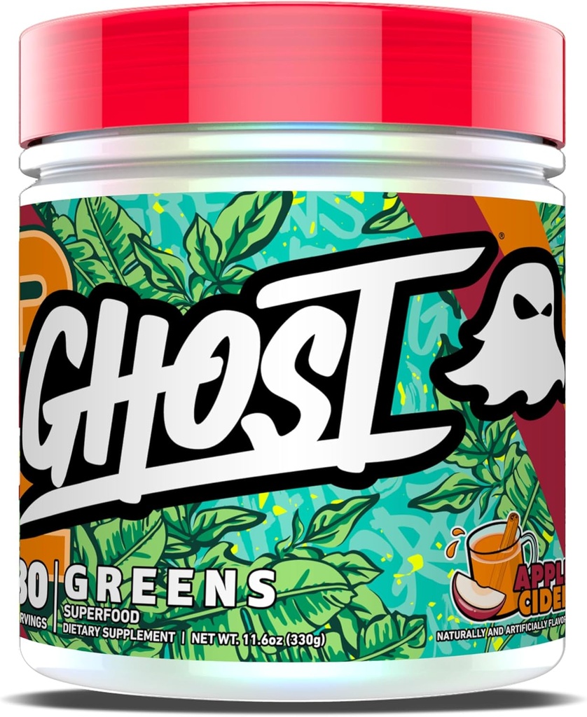GHOST Greens Powder, Apple Cider - 30 Servings - 19 Superfood Greens & Reds Powder, Fruits, Vegetables, Spirulina, & Chlorella, Prebiotics, 10 Billion CFU Probiotic & Digestive Enzymes - Gluten-Free