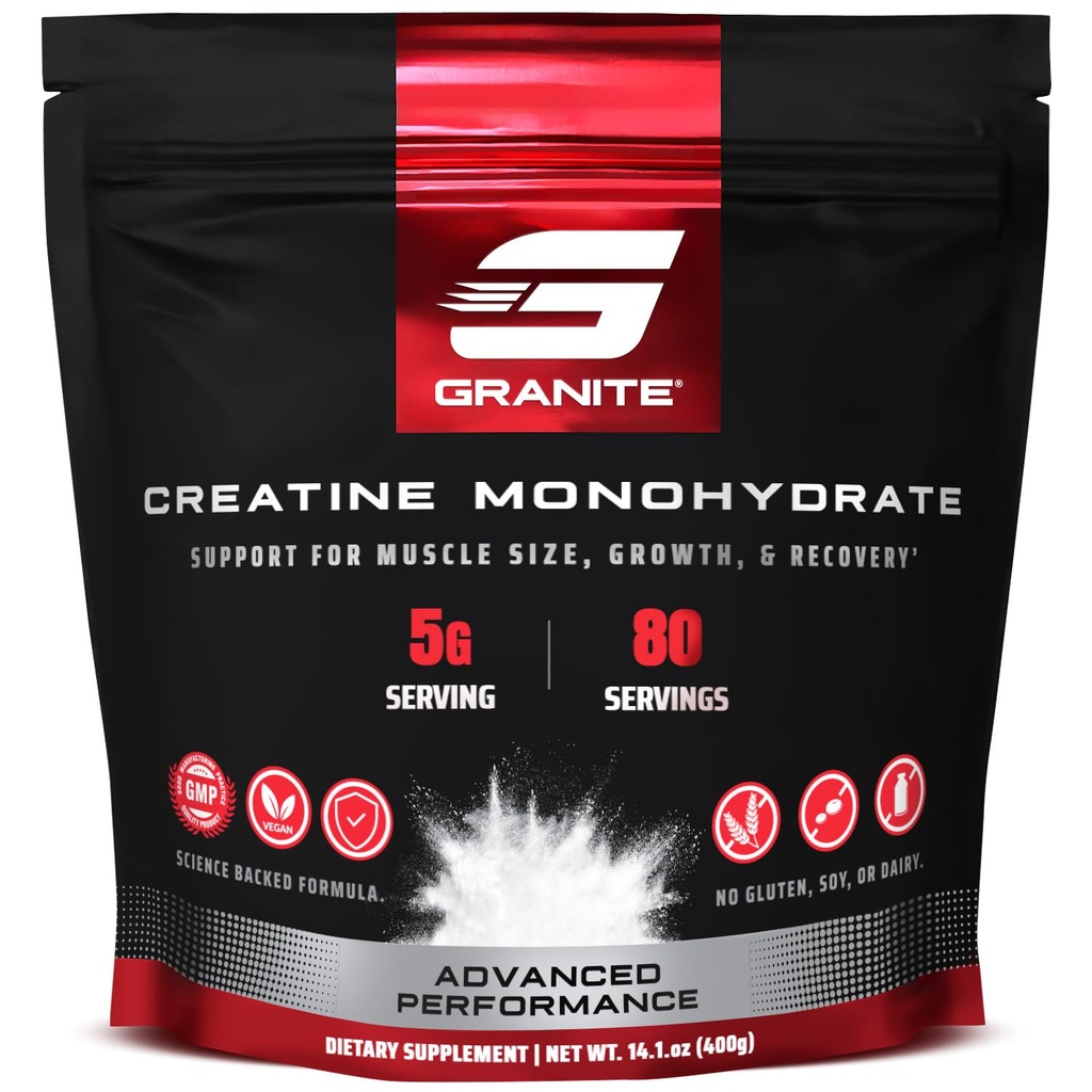 Granite Creatine Monohydrate, Supports Strength, Endurance, & Muscle Recovery, Creatine for Men & Women, Soy-Free, Dairy-Free, Gluten-Free (80 Servings)