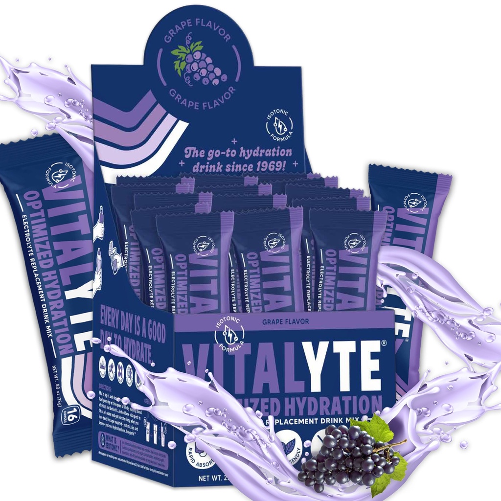Vitalyte Electrolyte Powder Packets - Isotonic Clean Electrolyte Hydration Drink Mix - Single Serve Rehydration Packets with No Artificial Colors, Flavors or Sweeteners (Grape, Pack of 25)