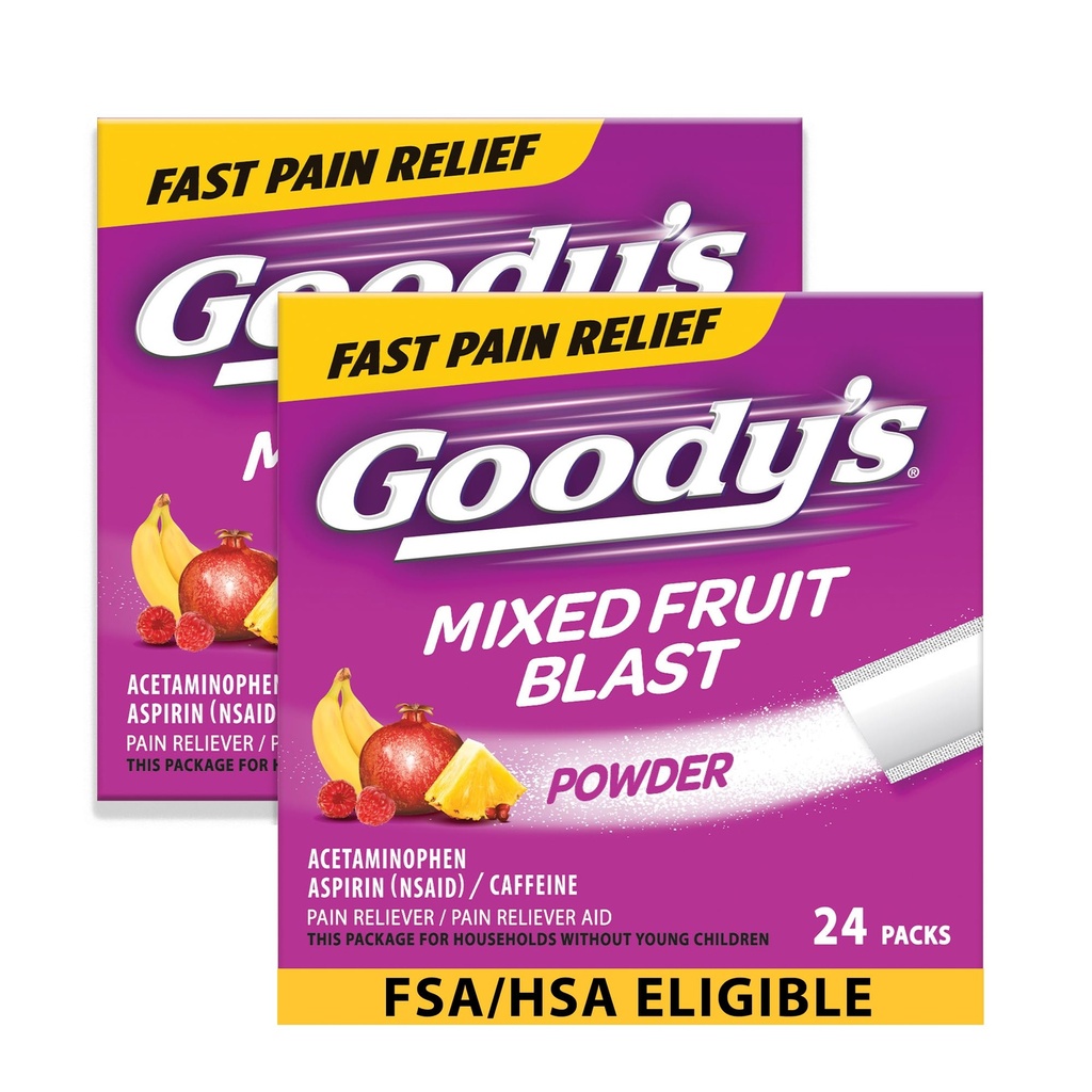 Goody's Triple Action Pain Relief, Mixed Fruit Powder, 24 Count, Pack of 2 | Goodys Headache Powder, With Acetaminophen, Aspirin & Caffeine, Fast & Effective Headache Relief for Adults, Dissolve Packs