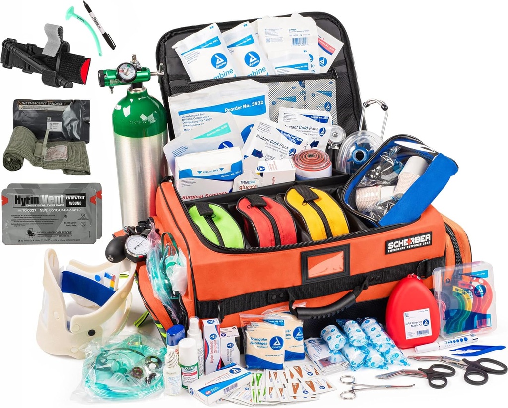 Scherber Fully-Stocked Premium First Responder Bag | HSA/FSA Approved | Large Pro EMT/EMS Trauma, Bleeding & Oxygen Medical Kit | CAT Tourniquet, HyFin Chest Seal & 260+ First Aid Supplies (Orange)