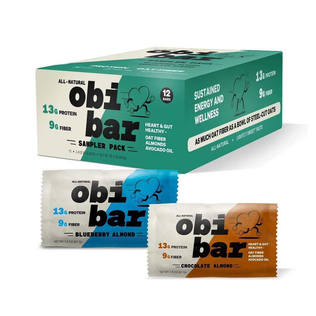 Obi Bar Sampler - Protein and Oat Fiber Bar | All-Natural | Sustained Energy | Lightly Sweet Taste | 6 Chocolate Almond and 6 Blueberry Almond | MADE WITH AVOCADO OIL | Egg White Protein | Soy Free, Dairy Free, No Sugar Alcohol, No Seed Oils | 2.4oz, 12 Pack