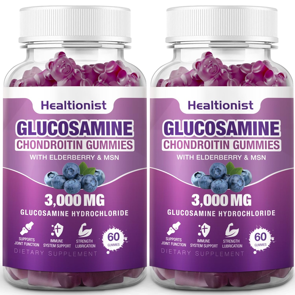2 Packs 3000mg Glucosamine Chondroitin Gummies with MSM & Elderberry - Extra Strength Joint Health, Flexibility, Antioxidant Immune Support Supplement Gummy for Adults, Men & Women 120 Cts
