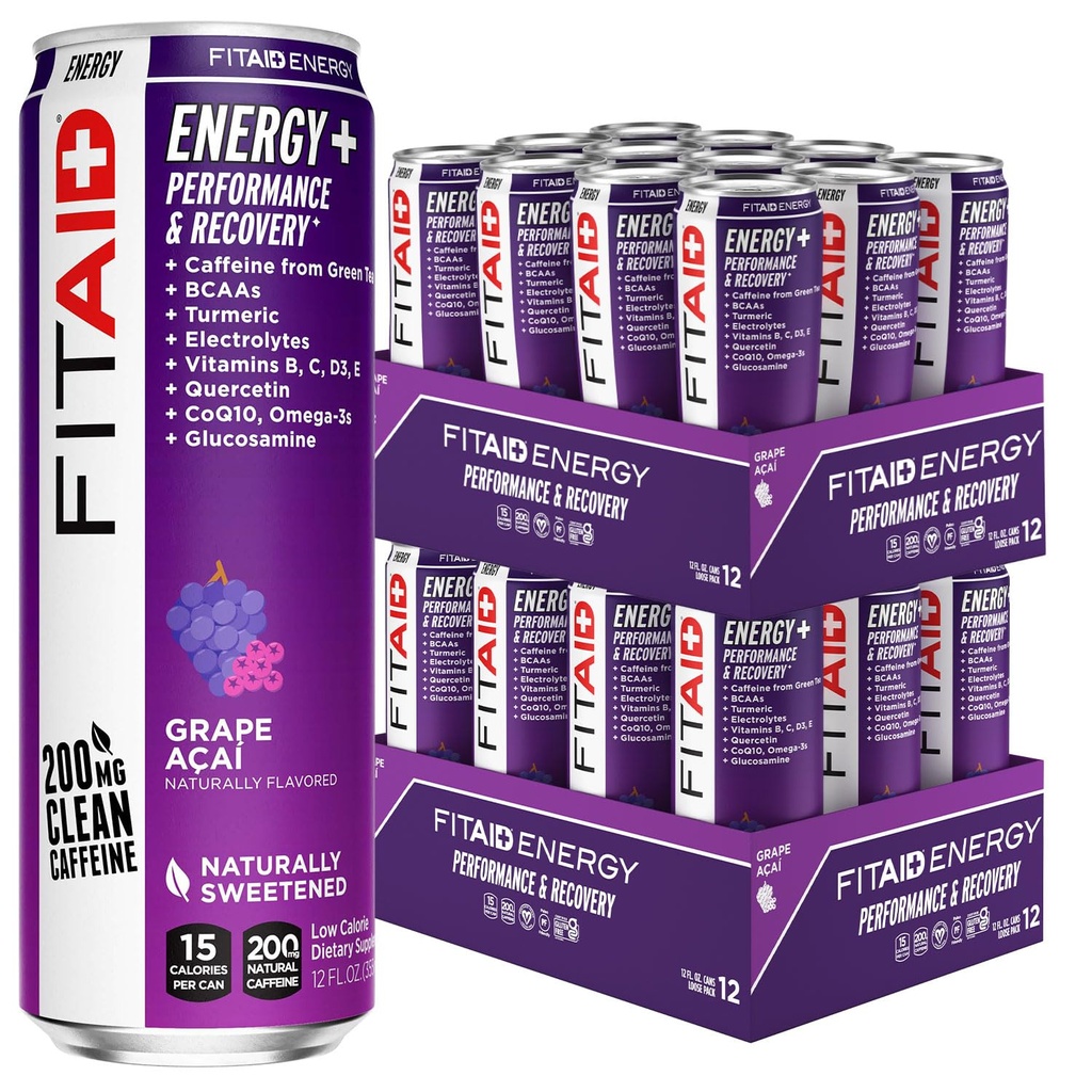 LIFEAID FITAID Energy Grape AÇAI, 200mg Natural Caffeine, Keto, Pre-Workout Performance: BCAAs, Quercetin, Electrolytes, Omega-3s, 15 Calories, Paleo, Vegan & Gluten-Free,12-oz (Pack of 24)