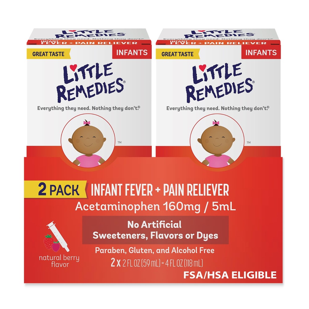 Little Remedies Infant Fever & Pain Reliever with Acetaminophen, Baby Medicine with No Artificial Sweeteners, Flavors or Dyes, Natural Berry Flavor, 2 Fl Oz, Pack of 2