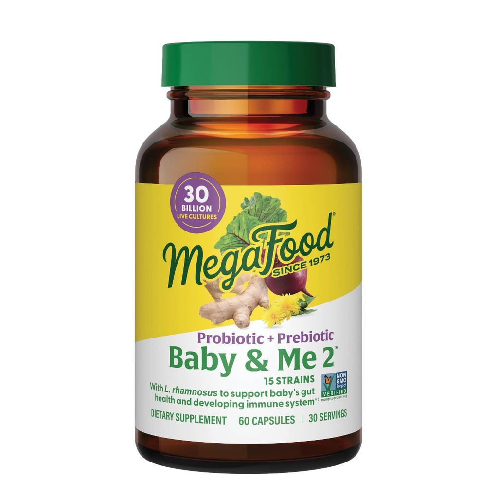 MegaFood Baby & Me 2 Prenatal Prebiotics and Probiotics for Women & Developing Baby with 30 Billion CFU, Vegetarian and Non-GMO, 60 Caps (30 Servings)