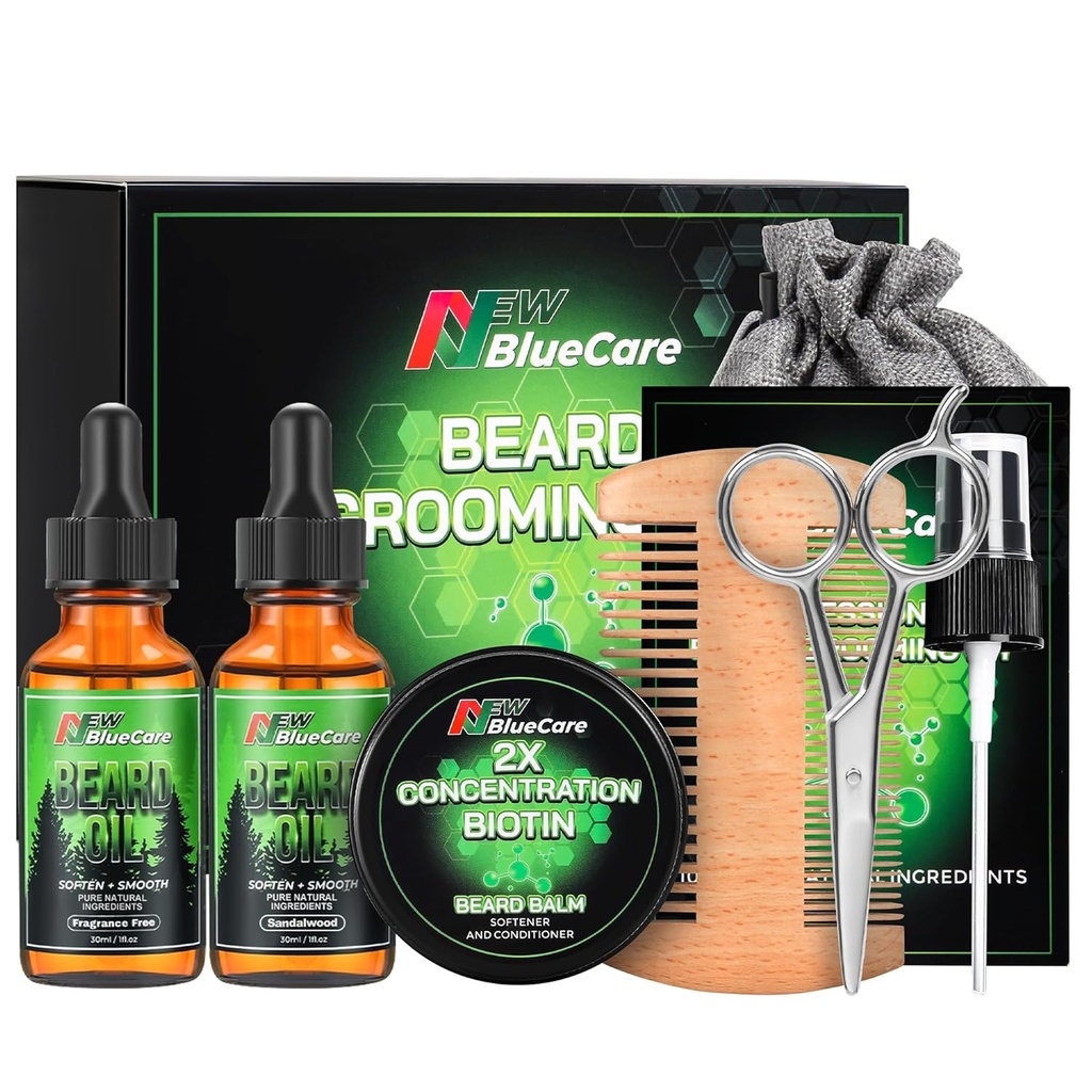 Beard Care Kit - Contains (1) each of Beard Oils (Sandalwood & Unscented), Biotin Beard Growth Balm, Comb and Scissors for Grooming and Trimming - Beard Care Daddy Gifts for Men Him Dad Husband