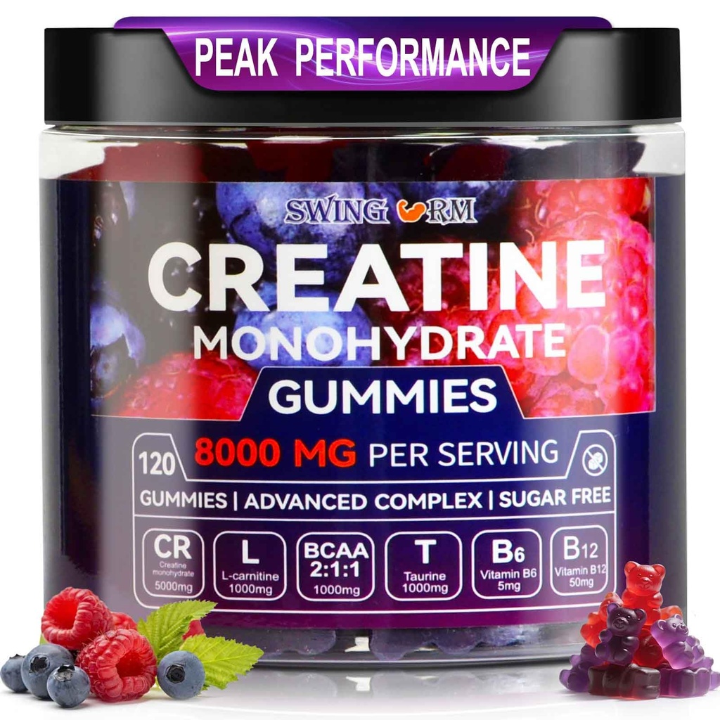Swing Arm Creatine Monohydrate Gummies 8000 mg for Men & Women, 120 Creatine Gummies for Muscle Growth, Strength & Recovery, Sugar Free Pre-Workout Supplement - Raspberry & Blueberry Flavor
