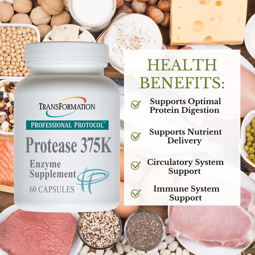TRANSFORMATION THE GENESIS OF GOOD HEALTH Protease 375K Enzyme Blend Supplement, High-Potency Formula for Protein Absorption & Gut Health, Advanced Enzym Support, Non-GMO, 60 Capsules
