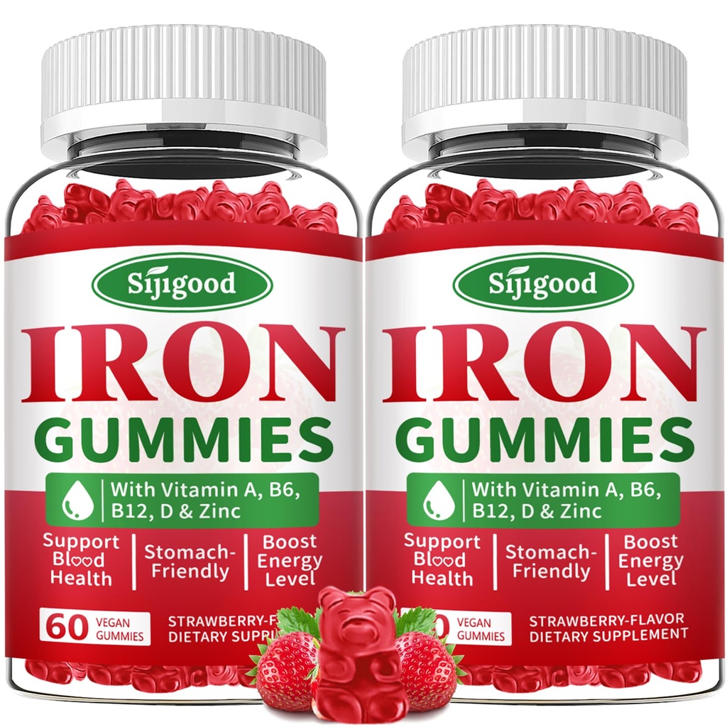 2 Pack Iron Gummies for Women & Men - Vegan Iron Supplement for Anemia & Iron Deficiency, with Vitamin B12, Vitamin C, Zinc, Folate - Energy Boost, Sugar-Free, Strawberry Flavor, 120 Count