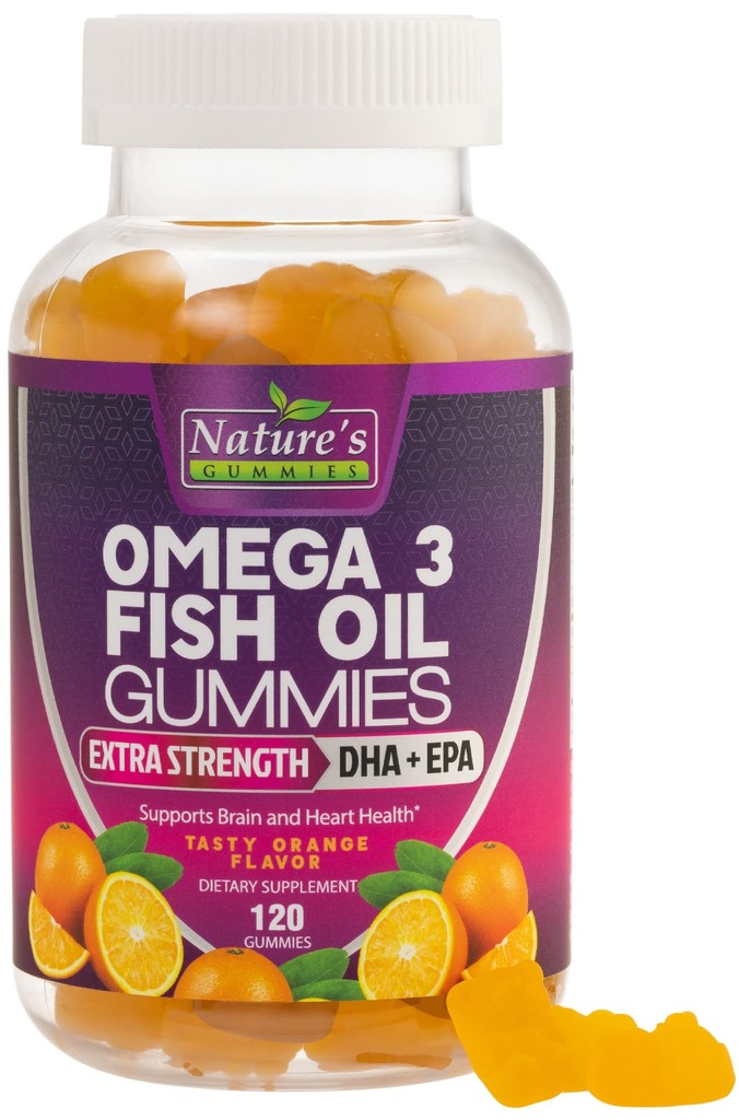 Omega 3 Fish Oil Gummies, Heart Healthy Omega 3 Gummy Supplement with High Absorption DHA & EPA, Extra Strength Joint & Brain Support, Delicious Orange Flavor Fish Oil Nature's Vitamin - 120 Gummies