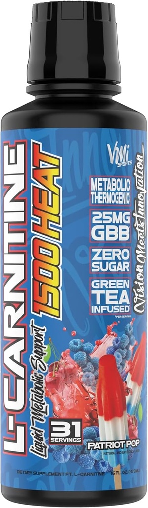 VMI Sports L-Carnitine 1500 Heat Liquid Enhanced Thermogenic | 1500 mg Carnitine | Maximum Absorption Formula | Great Taste for Men & Women | 31 Servings (Patriot Pop)