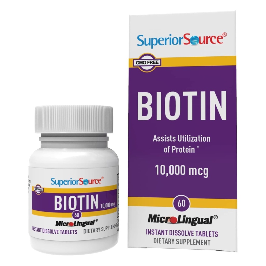 Superior Source Biotin 10,000 mcg - Daily Supplement Supports Hair Health & Growth - Natural Biotin Supplement Aids Healthy Nails & Skin - 60 Sublingual Dissolving Tablets