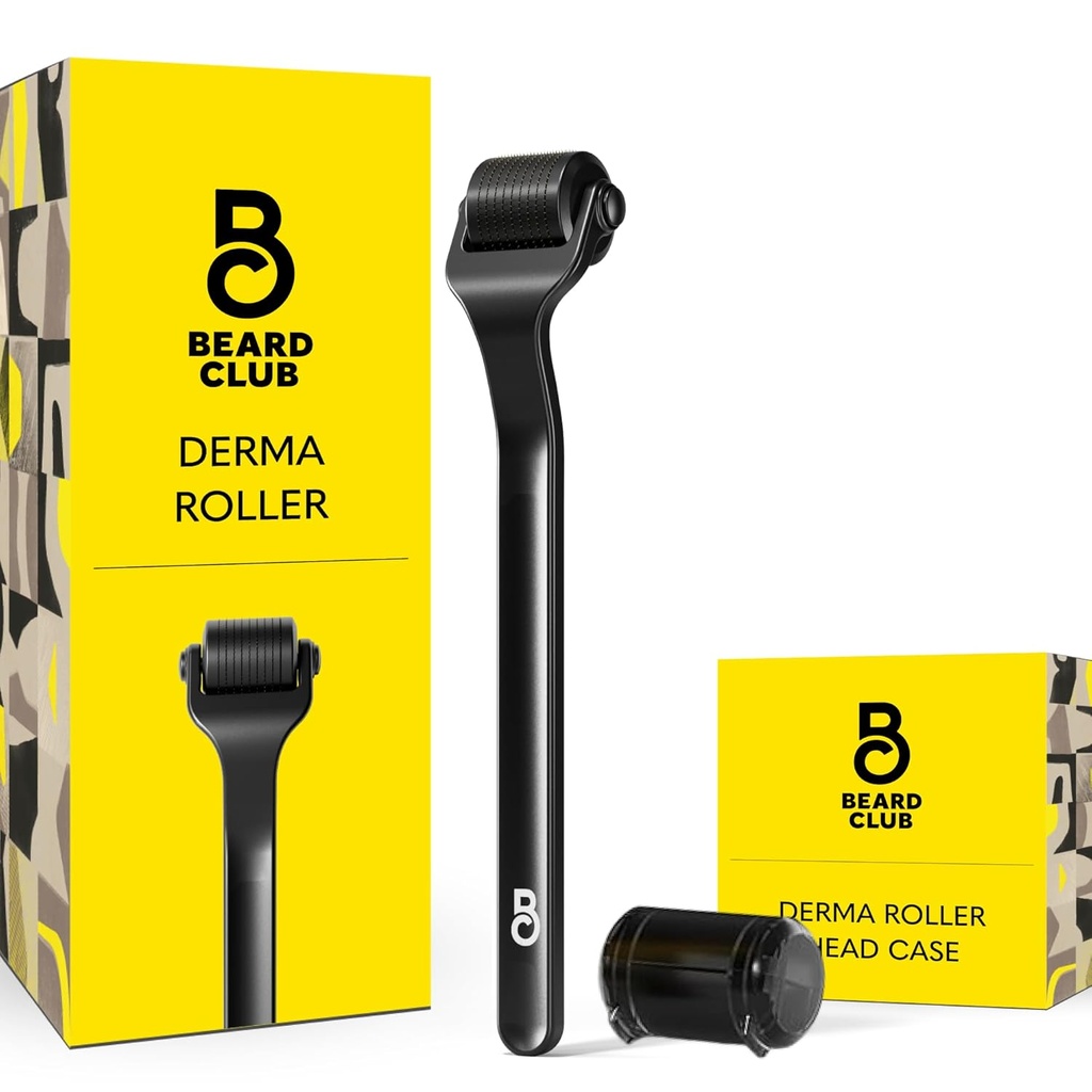 The Beard Club Premium Derma Roller for Face, Body and Scalp - Microneedling Roller for Men and Women with 540 Titanium Microneedles - for Hair & Beard - Weighted Metal Handle - Magnetic Storage Case