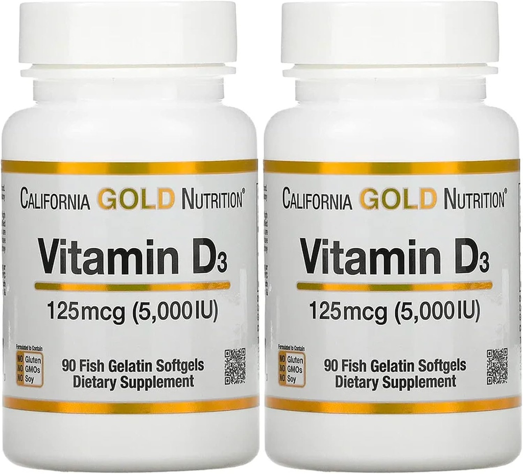 Vitamin D3 Supplement by California Gold Nutrition - Support for Healthy Bones & Teeth - Immune System Support - Gluten Free, Non-GMO - 125 mcg (5,000 IU) - 2 Pack of 90 Fish Gelatin Softgels Each