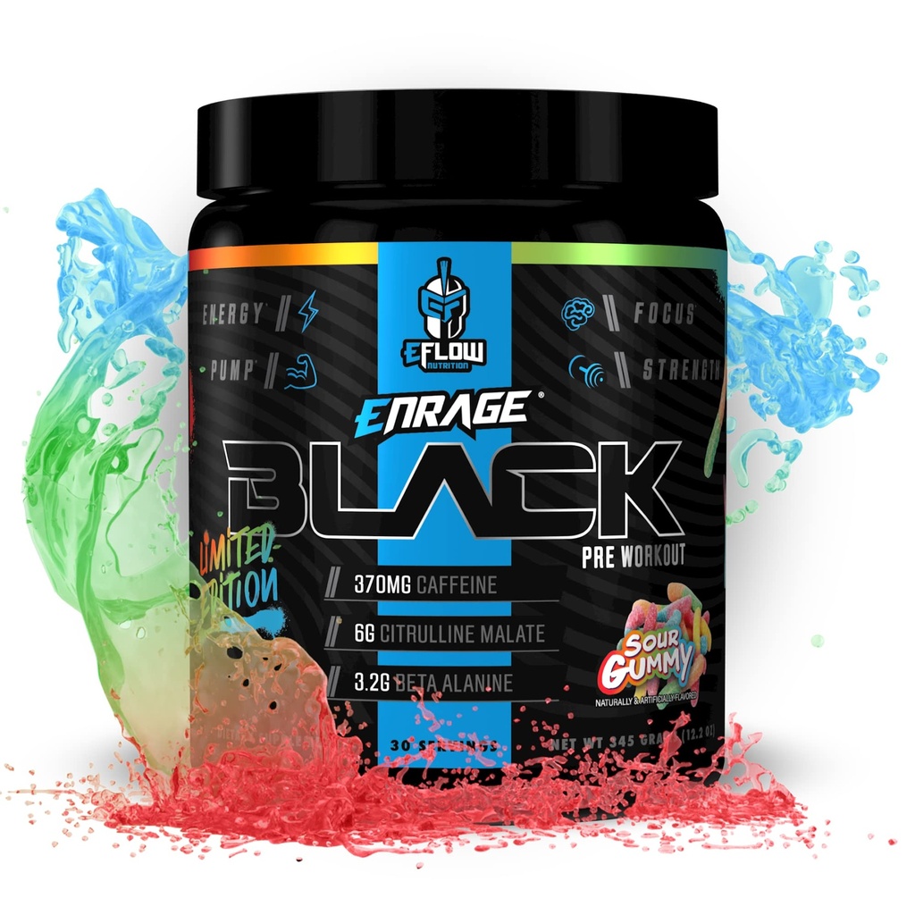 eFlow Nutrition Enrage Black High Stimulant Pre Workout Supplement - Preworkout Powder to Boost Energy, Pumps and Strength - 4 Flavors (30 Servings) (Sour Gummy)