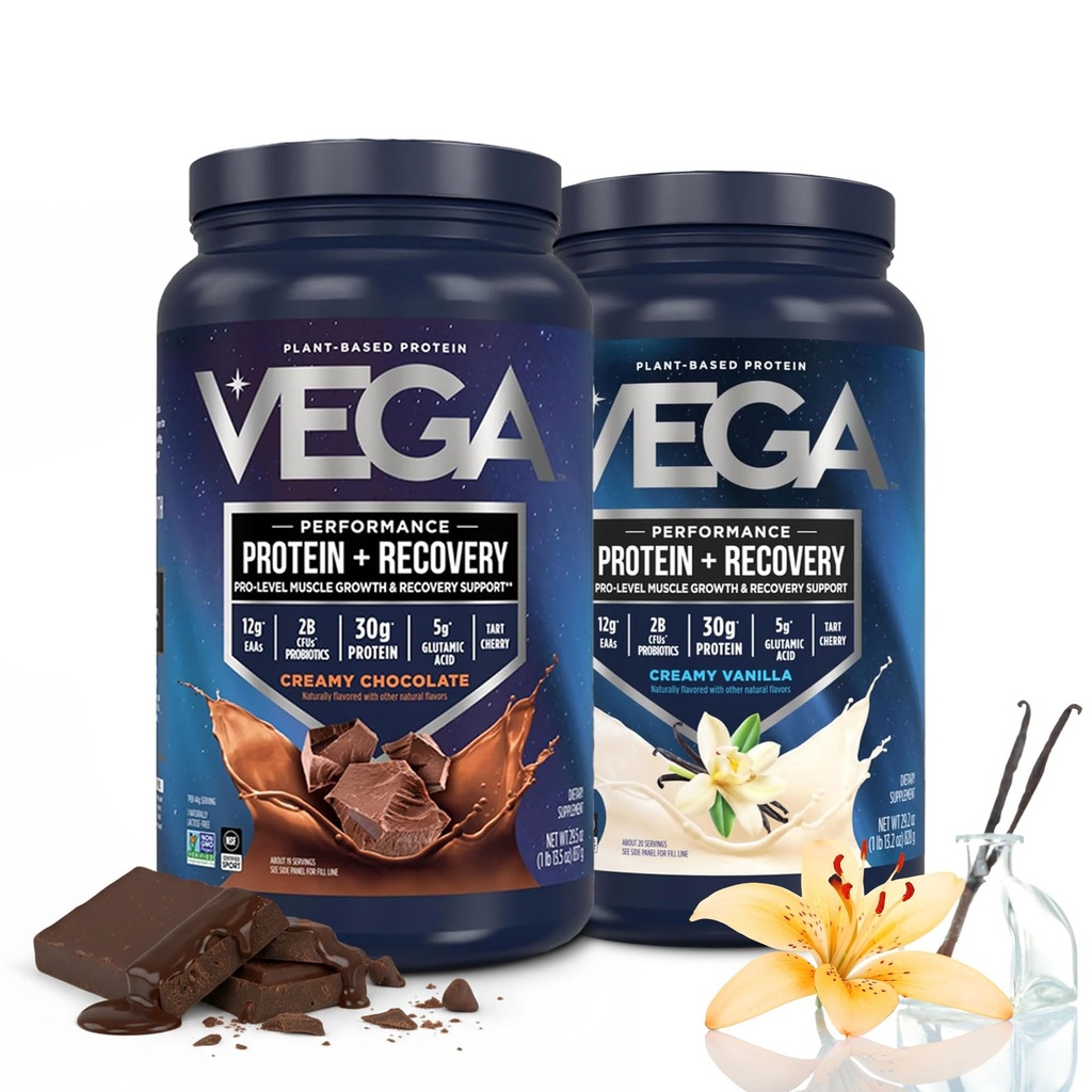 Vega Protein + Recovery, Chocolate & Vanilla Variety – 30g Vegan Protein, Dairy & Gluten Free, Probiotics, NSF Certified, Chocolate 1.8 lbs (19 Servings) & Vanilla 1.8 lbs (20 Servings)