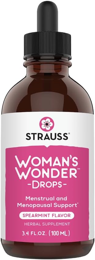 Strauss Heartdrops Woman's Wonder Drops; Menstrual & Menopausal Support Supplement in Spearmint Flavour, Natural Formula, Gluten-Free, Soy-Free, Non-GMO, 3.4oz Bottle