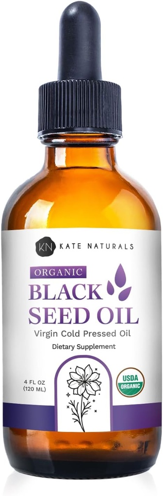 Kate Naturals Organic Black Seed Oil (4oz, Virgin, Cold Pressed, Non-GMO) Liquid Nigella Sativa for Immune Support & Digestion. Pure Blackseed Cumin Oil for Hair and Skin