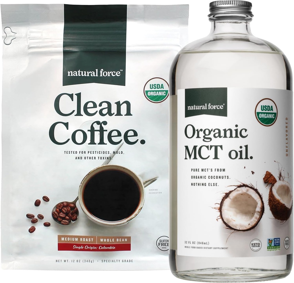 Natural Force Organic Clean Coffee + Organic MCT Oil Bundle – 100% Pure Coconut MCTs & Mold & Mycotoxin Free Coffee – Non-GMO, Keto, Paleo, and Vegan - 12 Oz Bag and 32 Oz Glass Bottle