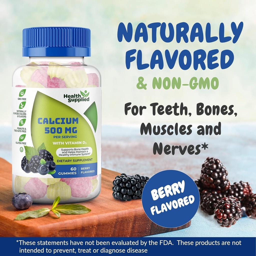 Calcium 500mg with Vitamin D3 1000 IU Gummies | Daily Dietary Supplement | Bone Strength, Growth, Teeth | for Adults, Teens, Kids | Great Tasting Natural Berry Flavor Vitamin Gummy