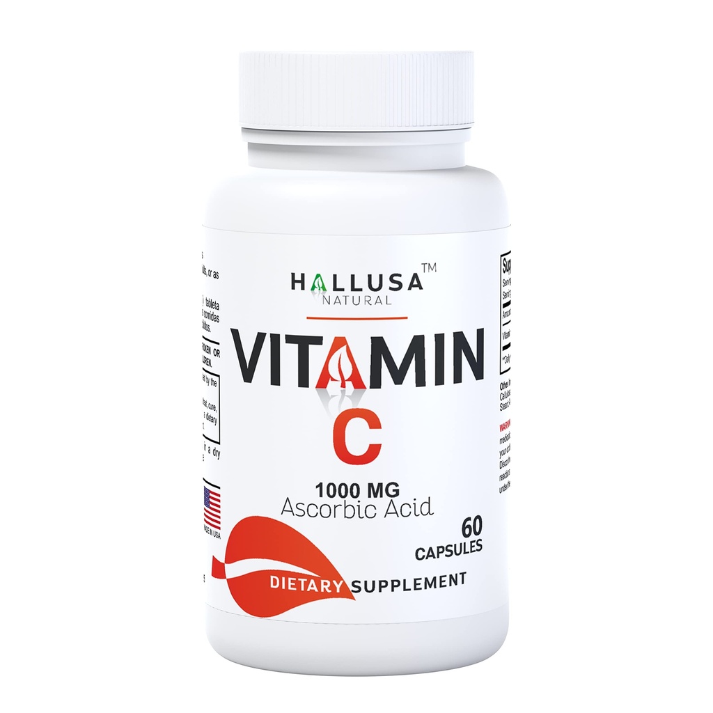 Hallusa Natural Vitamin C 1000 mg Supplement for Immune Support, Antioxidant & Skin Wellness, High Potency Vitamin C Capsules for Daily Wellness, 60 Capsules