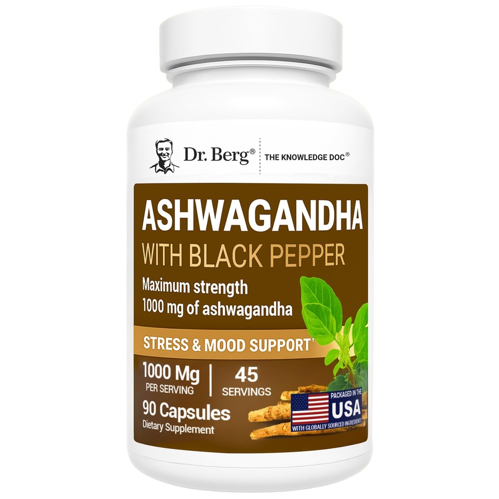 Dr. Berg Ashwagandha Capsules 1000mg - Includes Ashwagandha Root with Black Pepper from Bioperine - Ashwagandha Supplements 90 Capsules