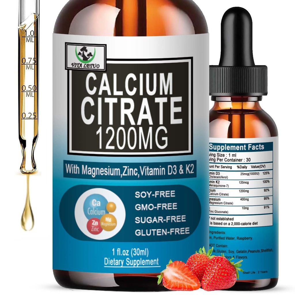 Calcium Citrate Supplement,1200mg Calcium with Vitamin D3 Drops for Bone,Teeth,Colon,Cardiovascular Health,High Absorption Liquid Calcium Magnesium Citrate 400mg Plus Zinc Vitamin K2,Vegan,30 Servings