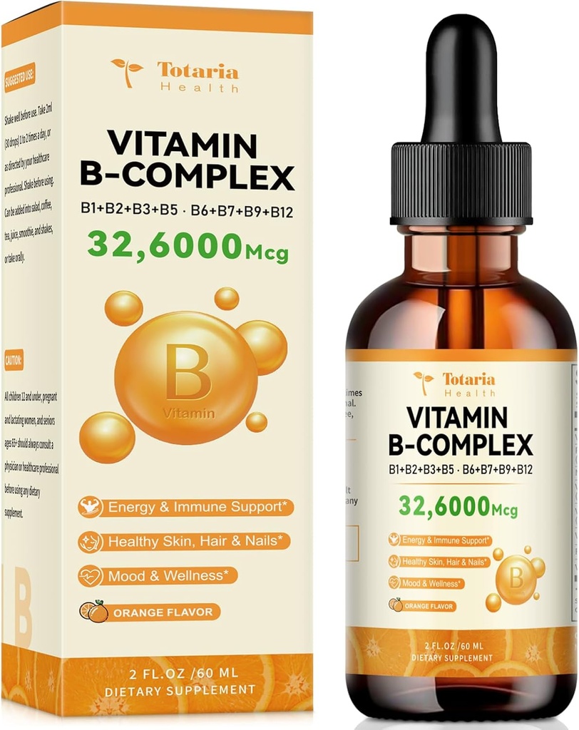 Vitamin B Complex Liquid with 8 Essential B Vitamins - Thiamine, Riboflavin, Niacin, Pantothenic Acid, Pyridoxine, Botin, Folic, Methylcobalamin - 2 Fl. Oz.