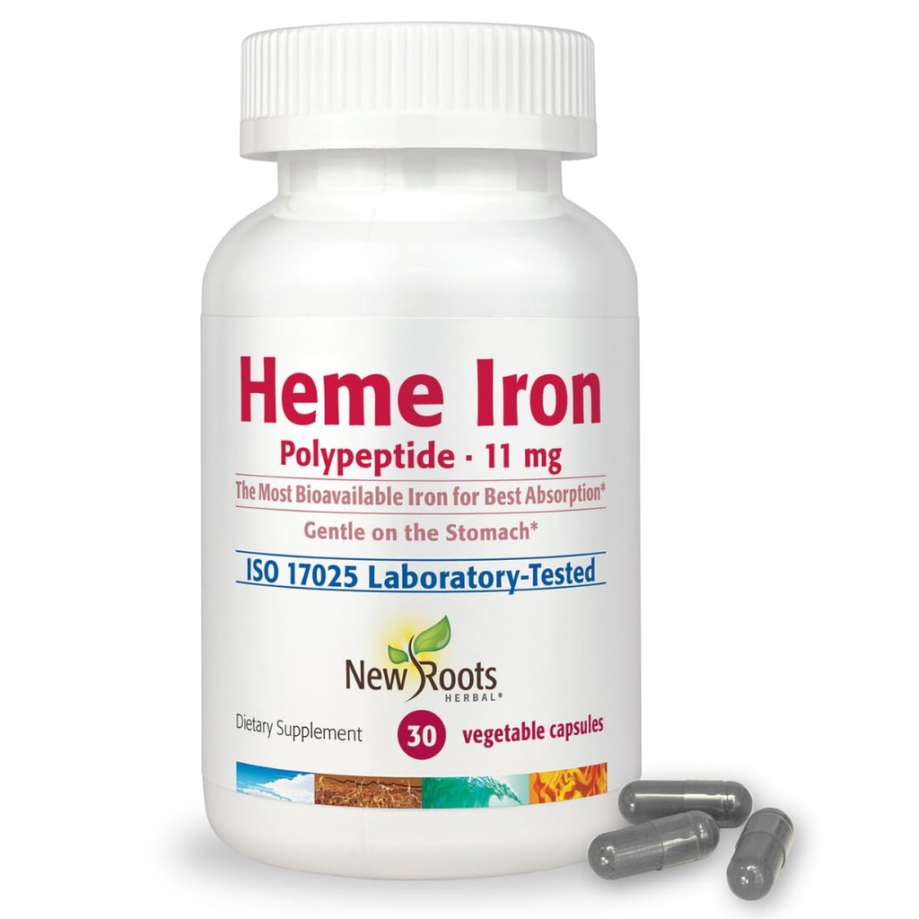 NEW ROOTS HERBAL Heme Iron Supplement | 4-in-1 Formula with Vitamin C, B12, Folate for Best Absorption | Raise Hemoglobin & Ferritin for Women & Men, Low-FODMAP (30 Capsules)