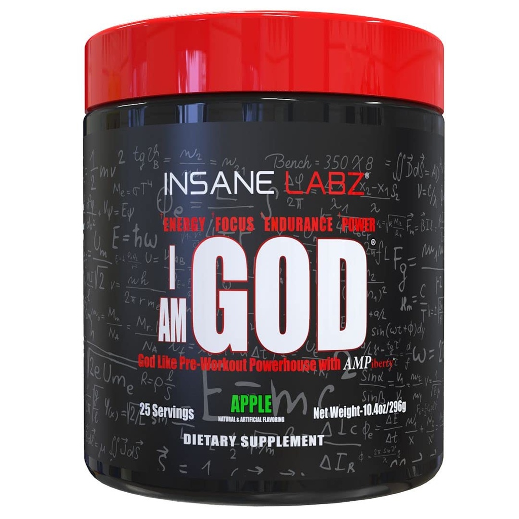 Insane Labz I am God Pre Workout, High Stim Pre Workout Powder Loaded with Creatine and DMAE Bitartrate Fueled by AMPiberry, Energy Focus Endurance Muscle Growth,25 Srvgs, Apple