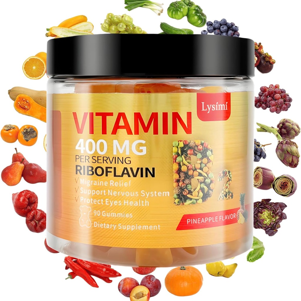 Vitamin B2 Gummies, Vitamin B2 Riboflavin Gummies 400mg, Migraine Relief & Headache Relief Riboflavin Vitamin B2 Gummies, Soy & Gluten-Free, 90 Vitamin Gummies for Kids & Adults