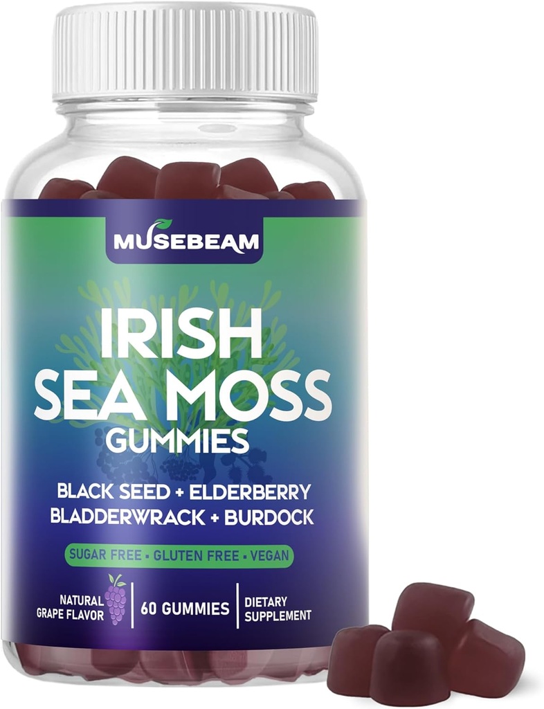 Irish Sea Moss Gummies - with Black Seed Elderberry Bladderwrack Burdock Turmeric Omega-3 Vitamins C D3 Zinc - Seamoss Supplements for Adults Women Men - Sugar-Free Gluten Free Vegan